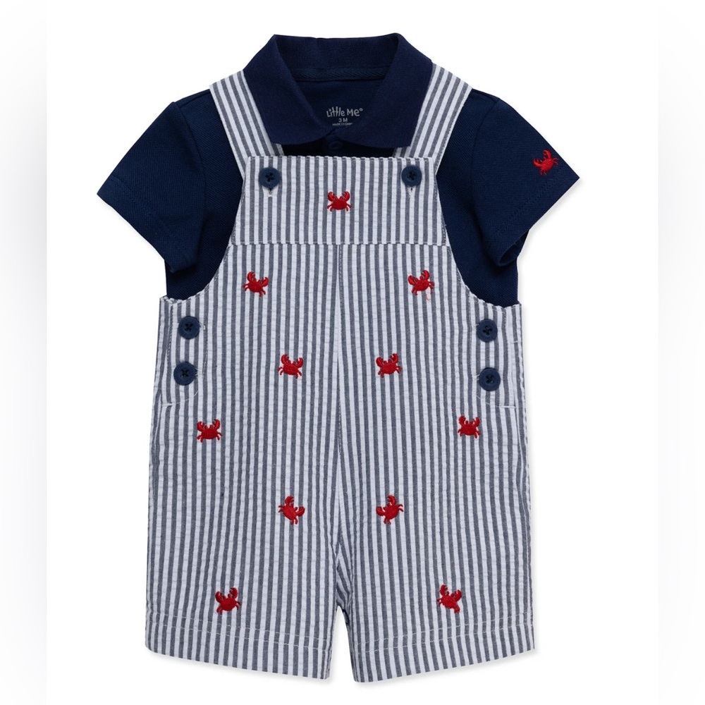NWT! Seersucker Overalls & Cotton Polo Set - Navy blue Crabs 6 Months - LittleMe
